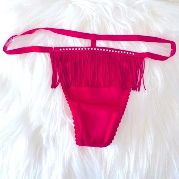 New VS VERY SEXY Fringe V-String Panty Thong Studded Embellished Red Satin - Picture 1 of 7